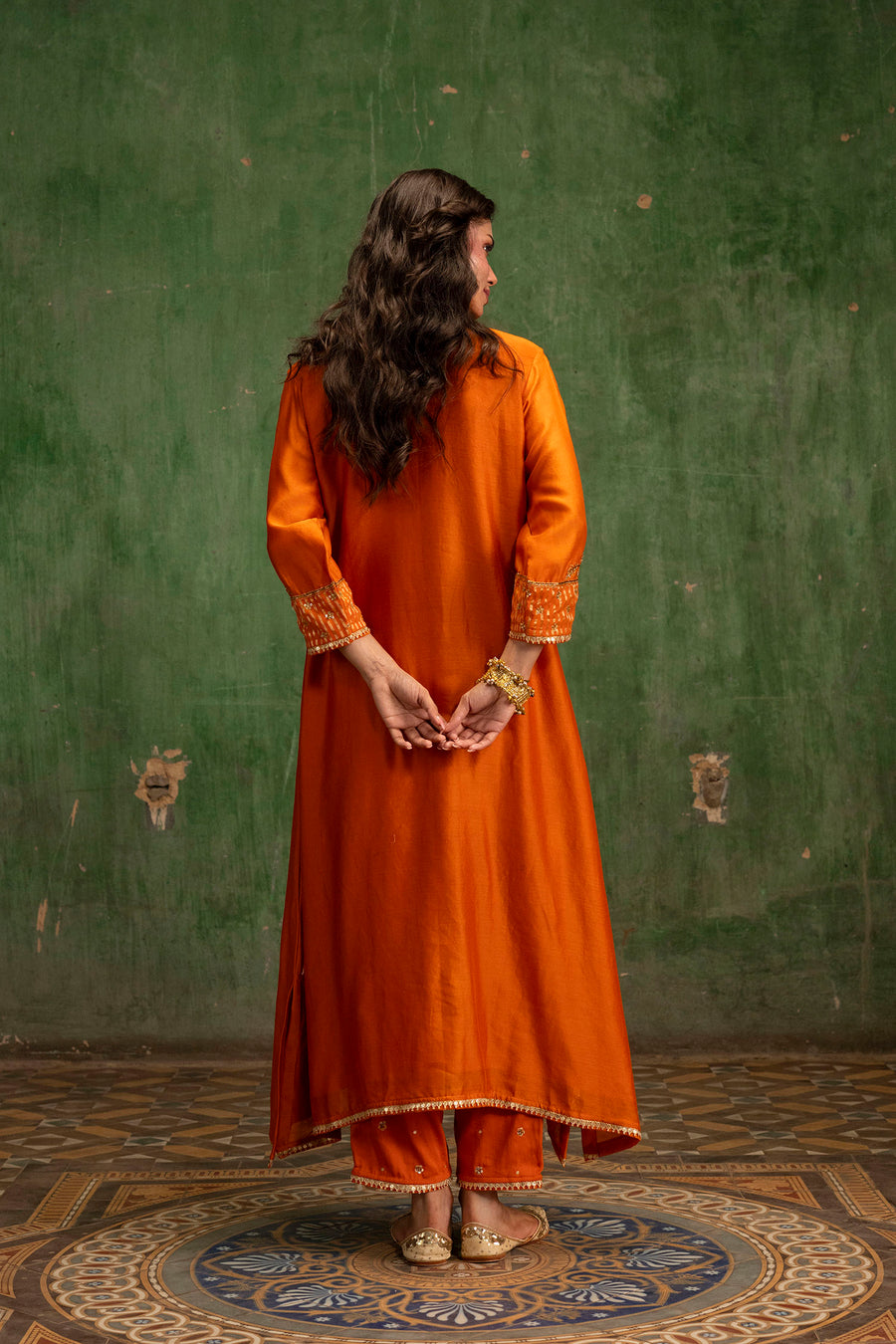 Saanjh Silk Chanderi Aline Kurta Set in Narangi