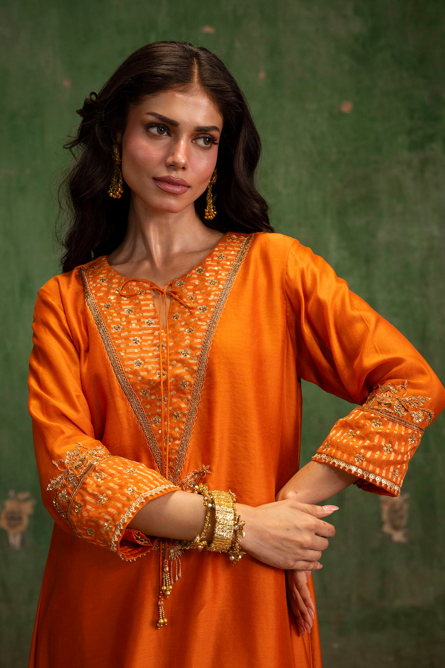 Saanjh Silk Chanderi Aline Kurta Set in Narangi