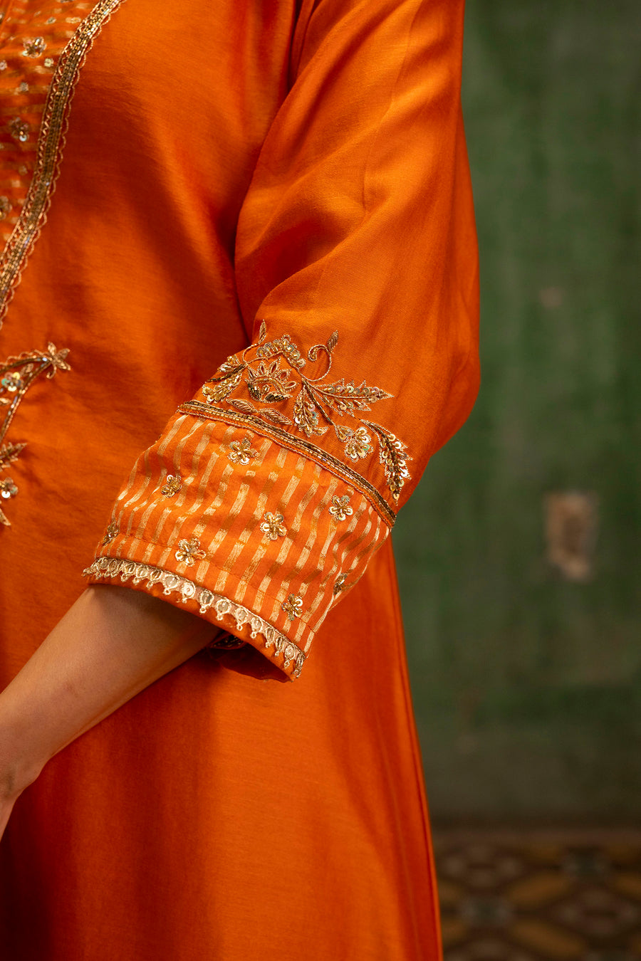 Saanjh Silk Chanderi Aline Kurta Set in Narangi