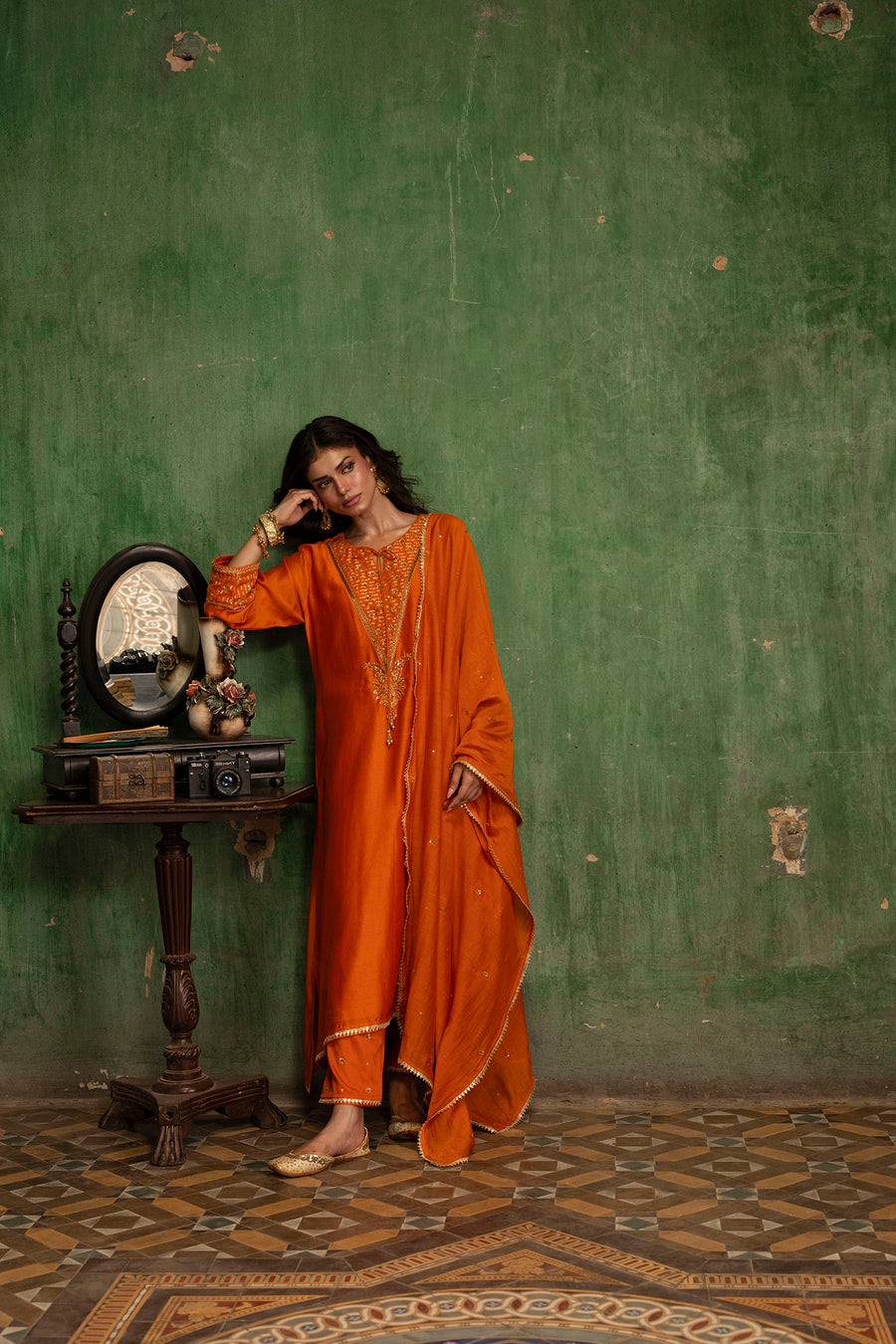 Saanjh Silk Chanderi Aline Kurta Set in Narangi