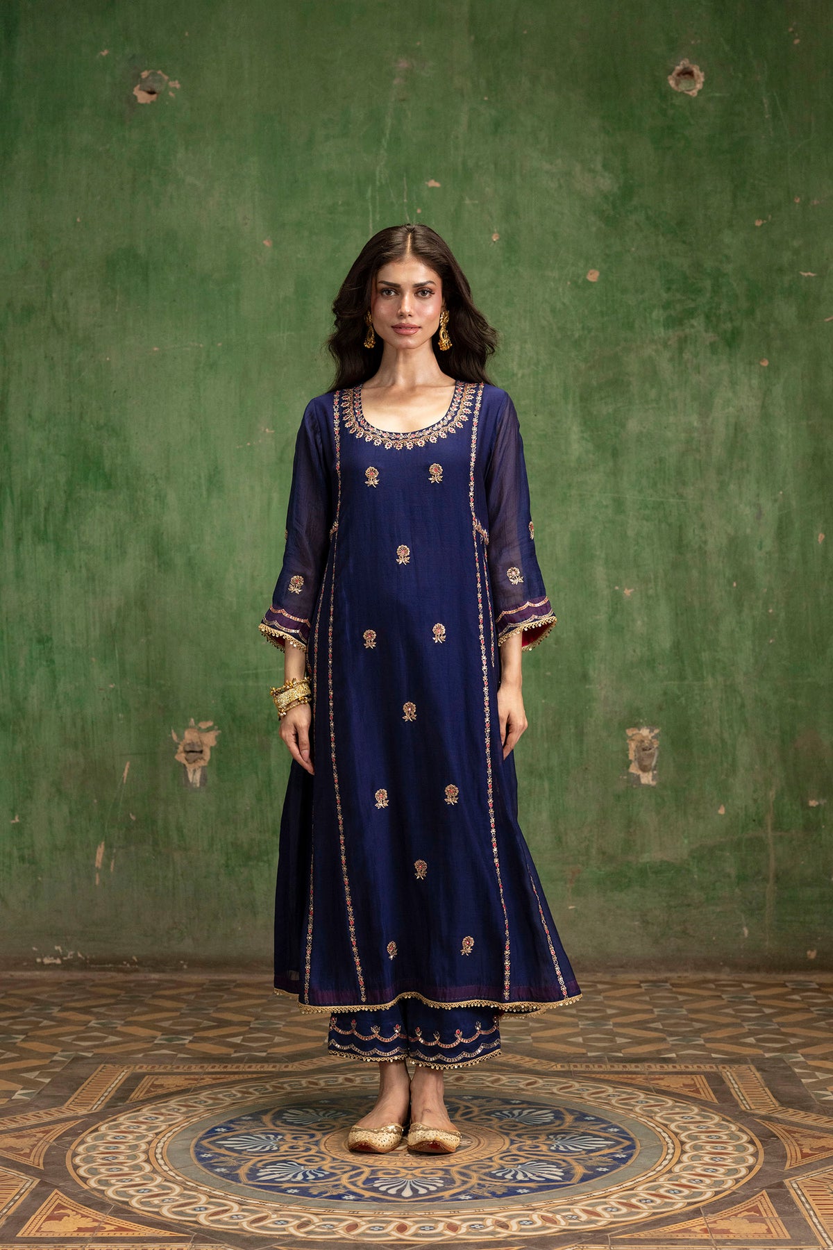 Aaliyah Silk Chanderi Aline Kurta Set in Midnight Blue