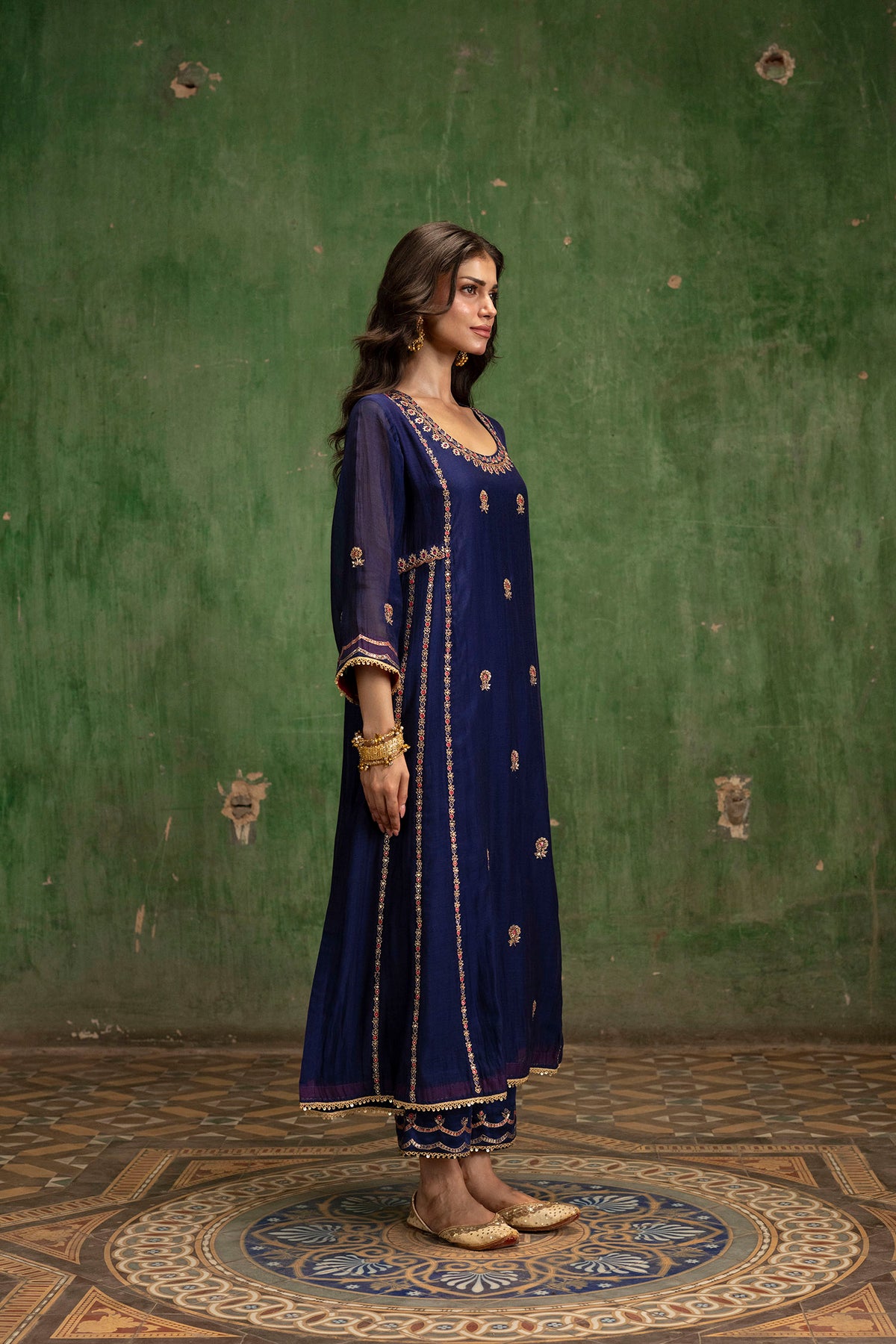 Aaliyah Silk Chanderi Aline Kurta Set in Midnight Blue