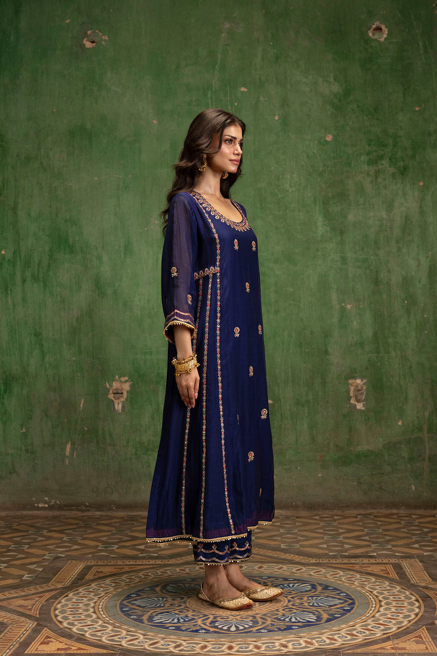 Aaliyah Silk Chanderi Aline Kurta Set in Midnight Blue