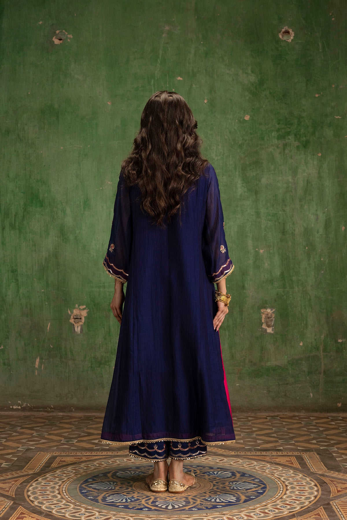 Aaliyah Silk Chanderi Aline Kurta Set in Midnight Blue