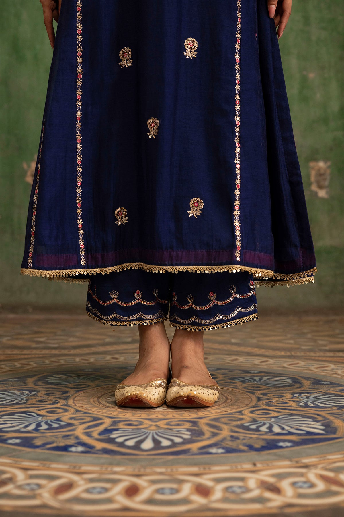 Aaliyah Silk Chanderi Aline Kurta Set in Midnight Blue