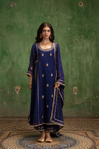 Aaliyah Silk Chanderi Aline Kurta Set in Midnight Blue