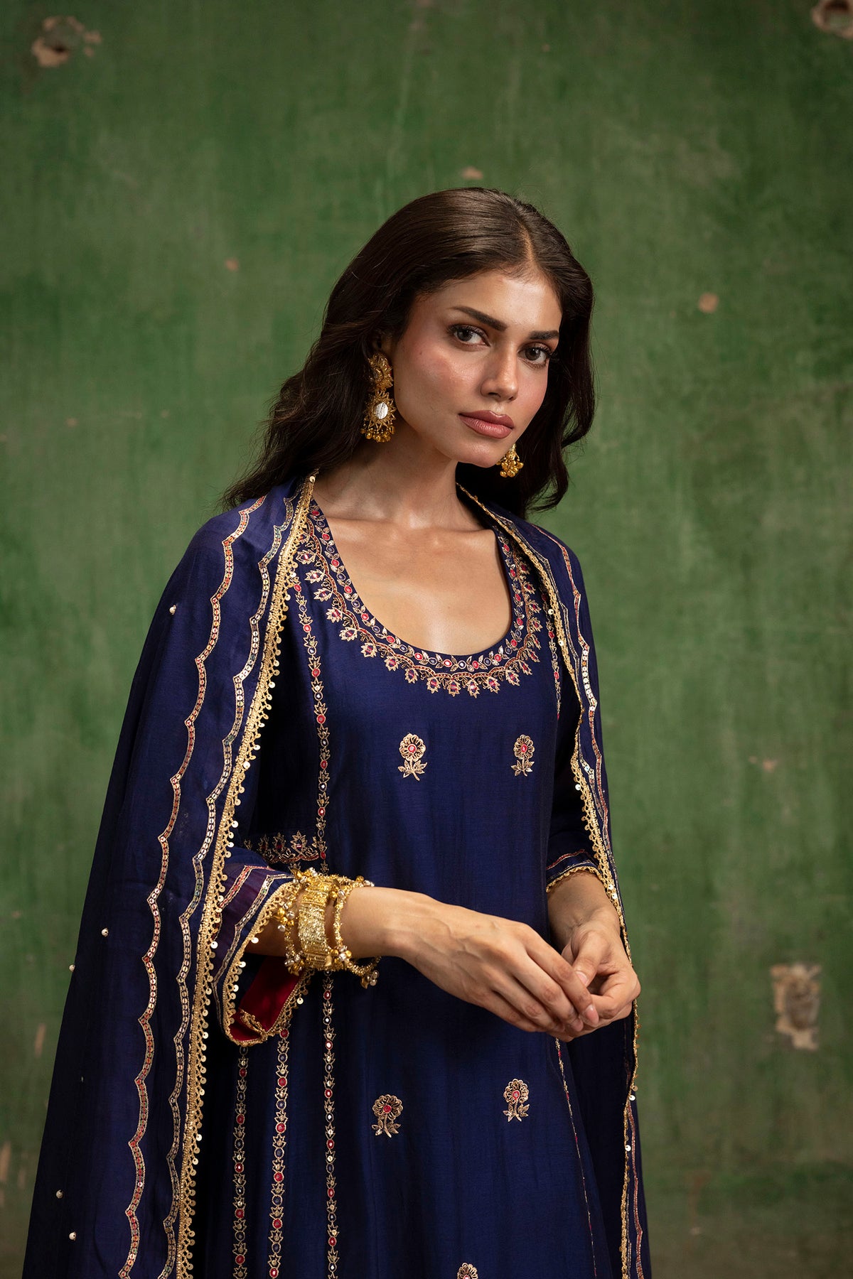 Aaliyah Silk Chanderi Aline Kurta Set in Midnight Blue