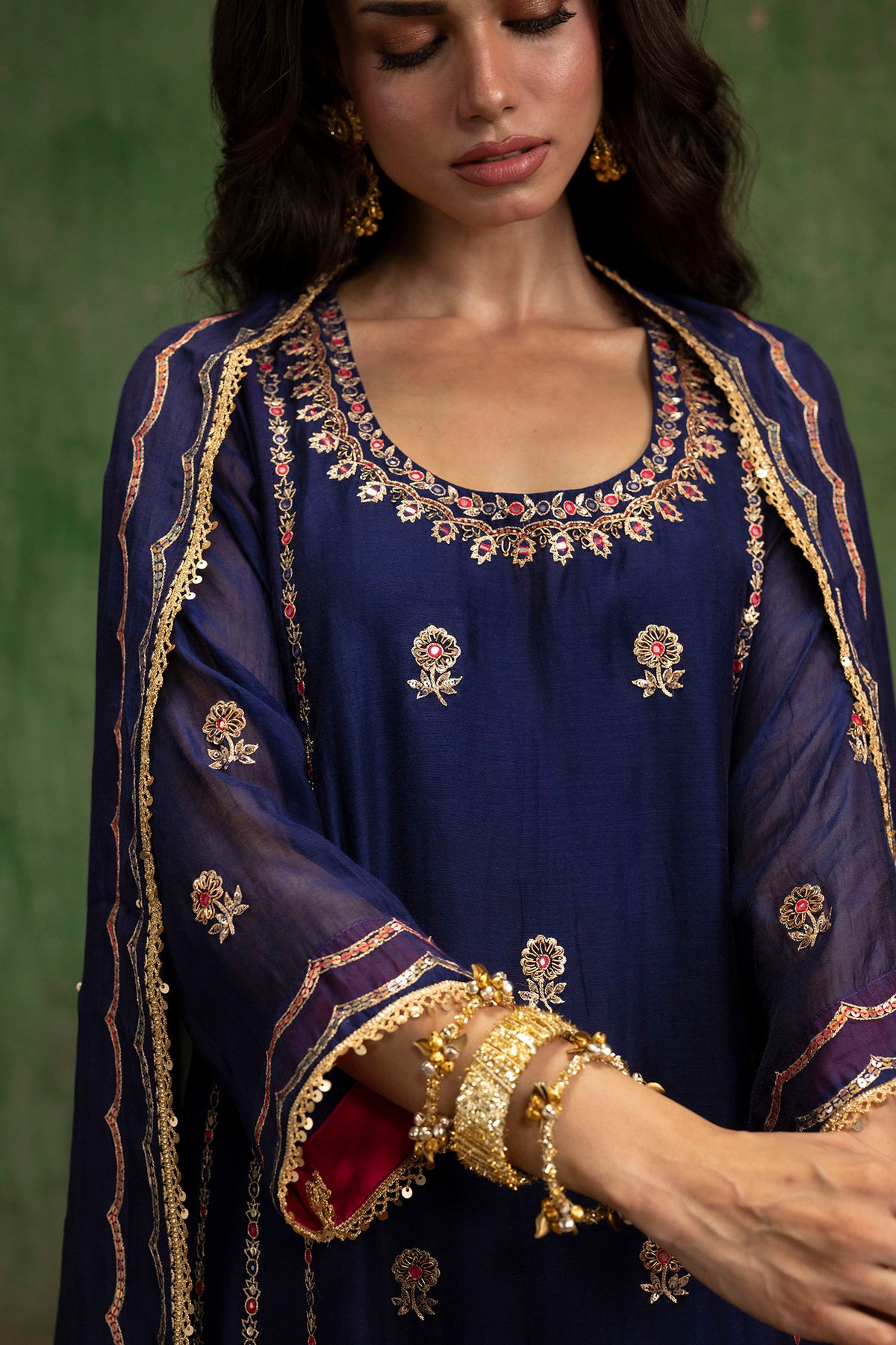 Aaliyah Silk Chanderi Aline Kurta Set in Midnight Blue