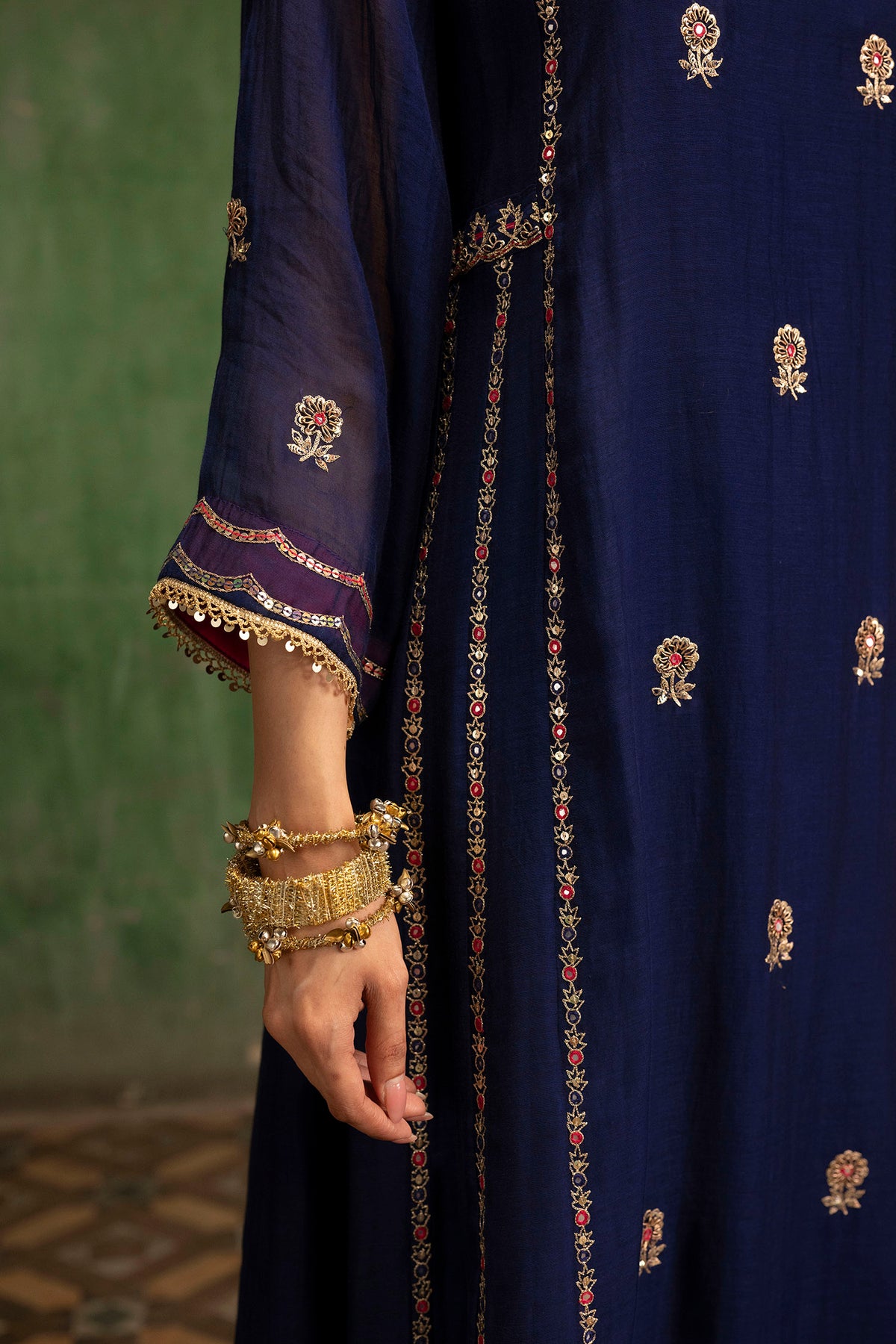 Aaliyah Silk Chanderi Aline Kurta Set in Midnight Blue