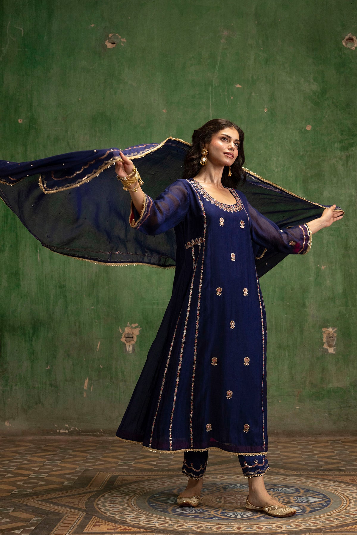 Aaliyah Silk Chanderi Aline Kurta Set in Midnight Blue