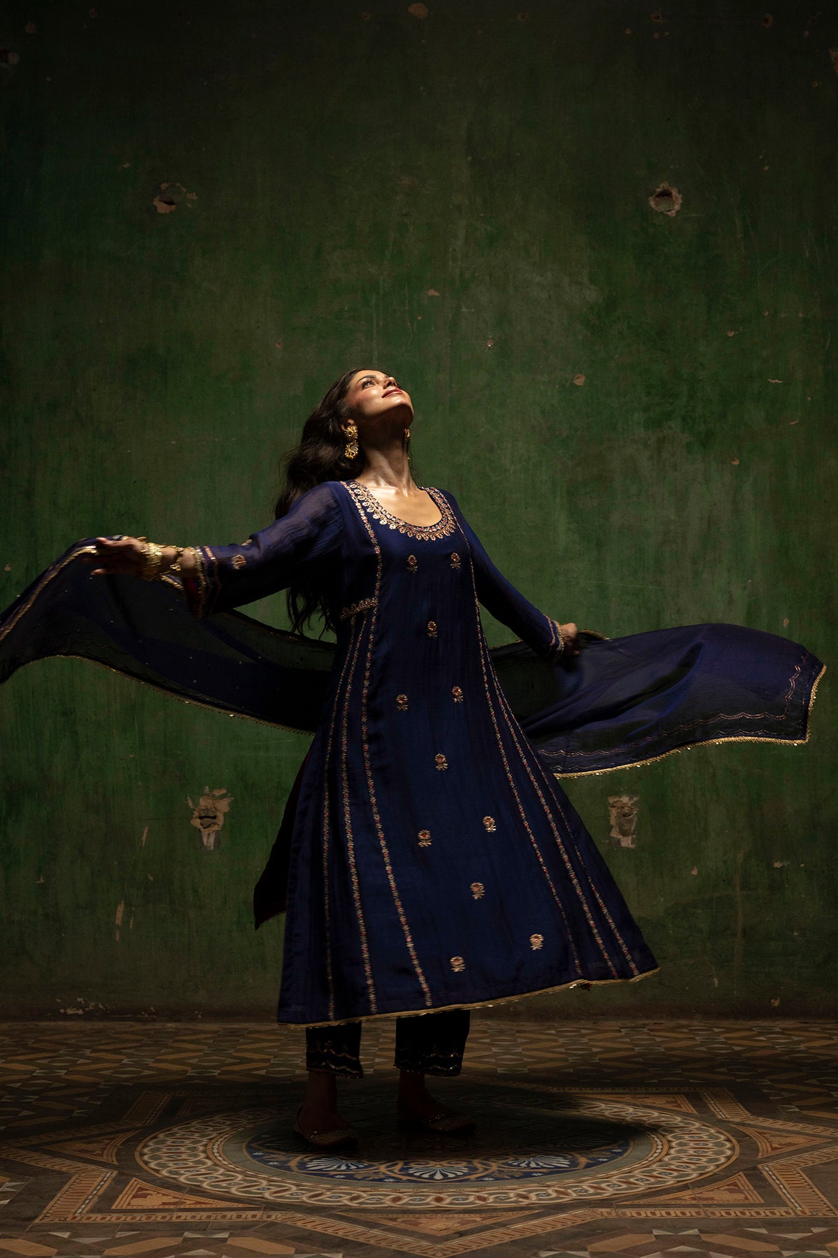 Aaliyah Silk Chanderi Aline Kurta Set in Midnight Blue