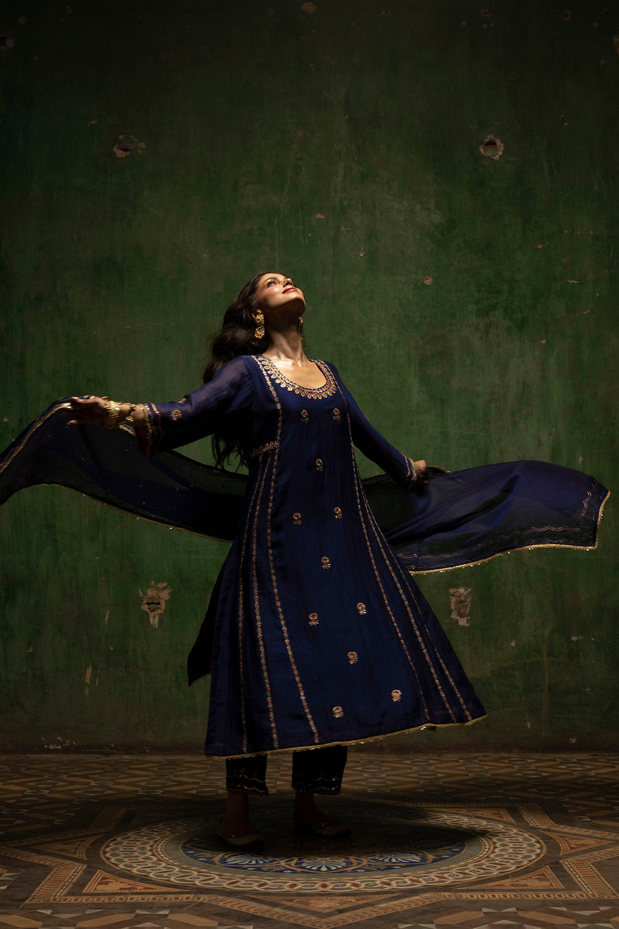 Aaliyah Silk Chanderi Aline Kurta Set in Midnight Blue