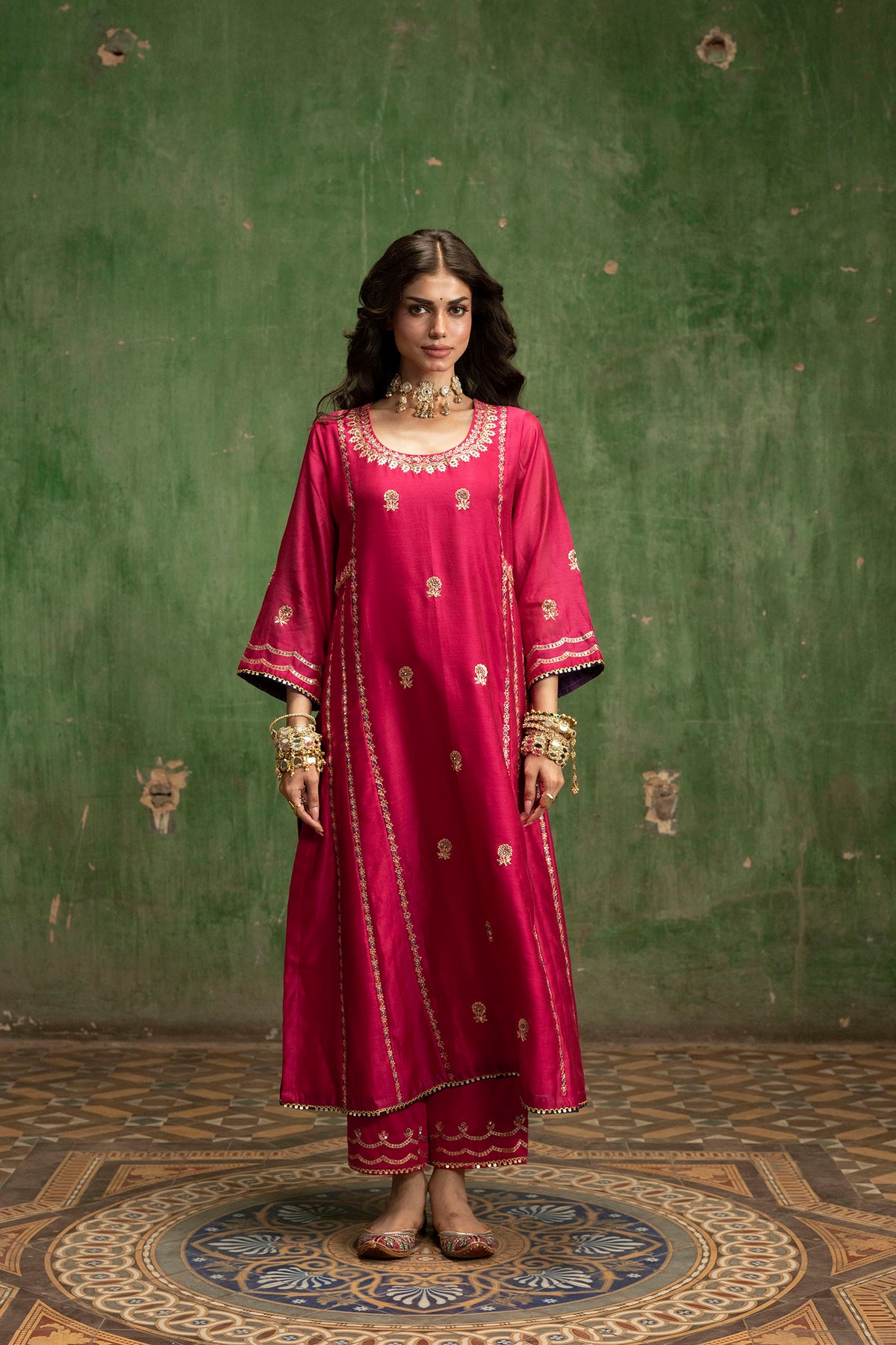 Aaliyah Silk Chanderi Aline Kurta Set in Rani