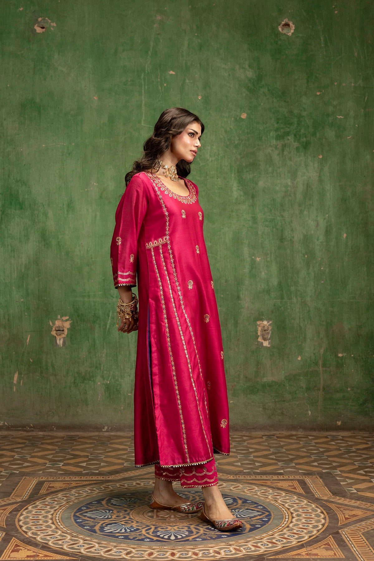 Aaliyah Silk Chanderi Aline Kurta Set in Rani