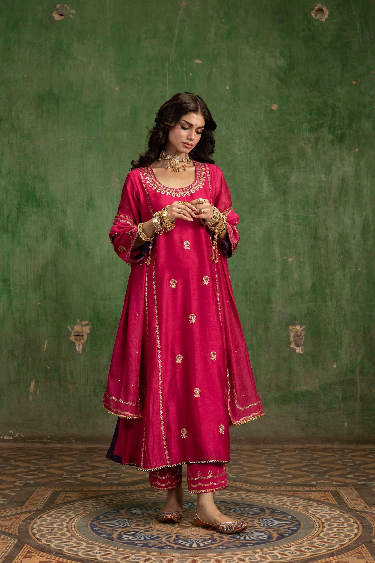 Aaliyah Silk Chanderi Aline Kurta Set in Rani
