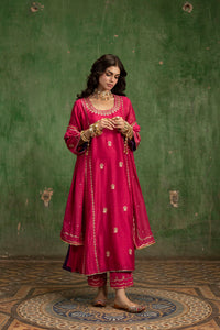Aaliyah Silk Chanderi Aline Kurta Set in Rani