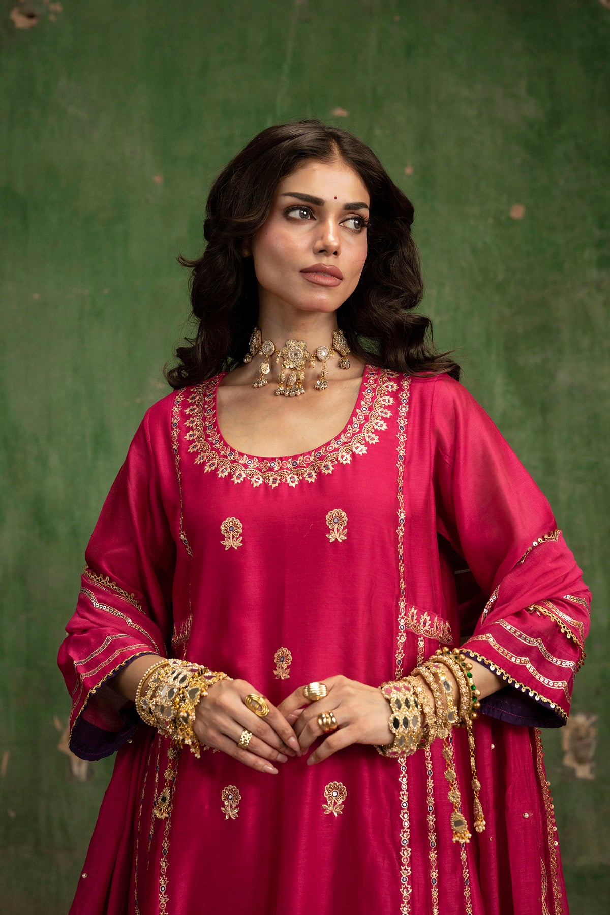 Aaliyah Silk Chanderi Aline Kurta Set in Rani
