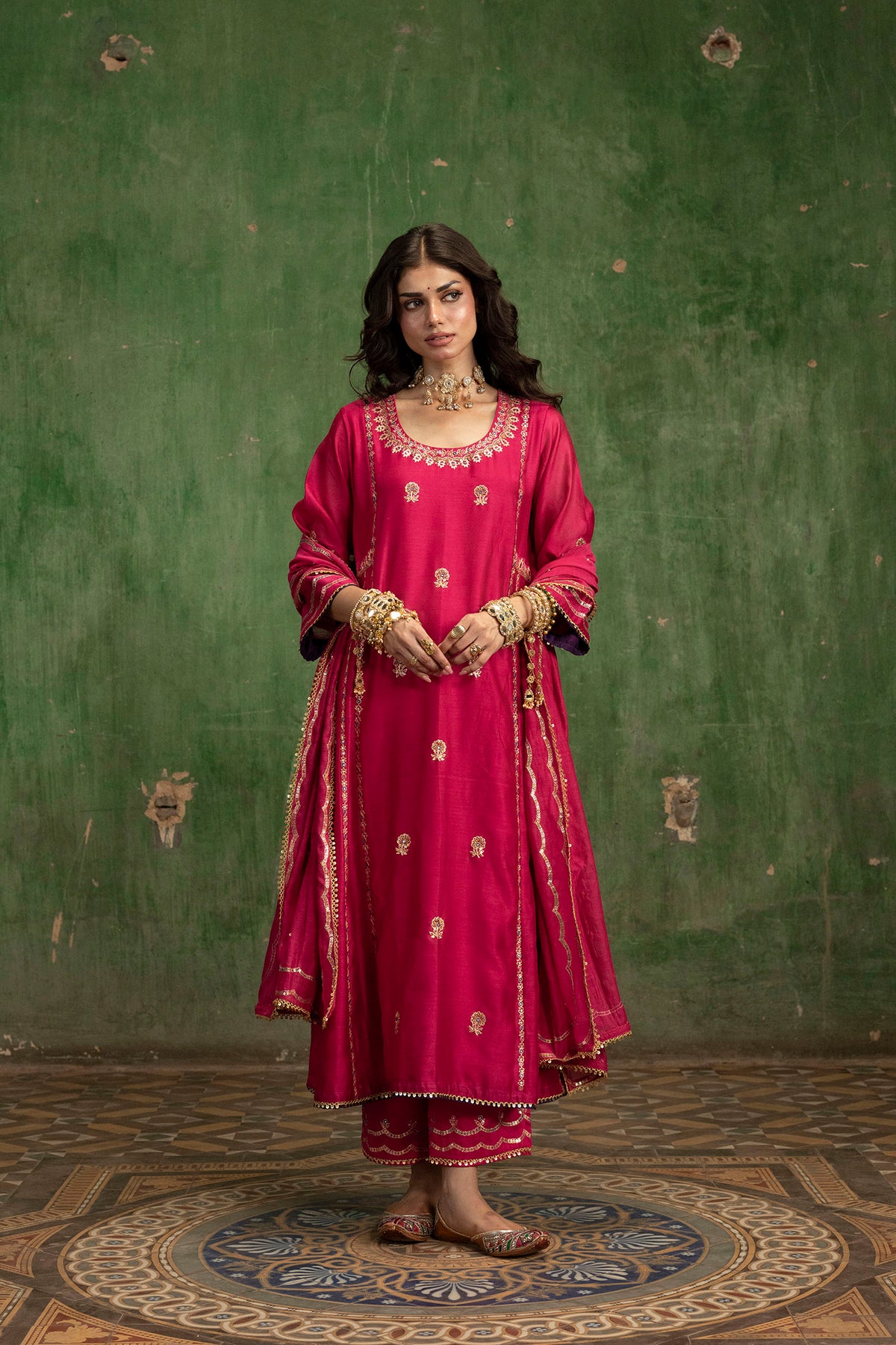 Aaliyah Silk Chanderi Aline Kurta Set in Rani