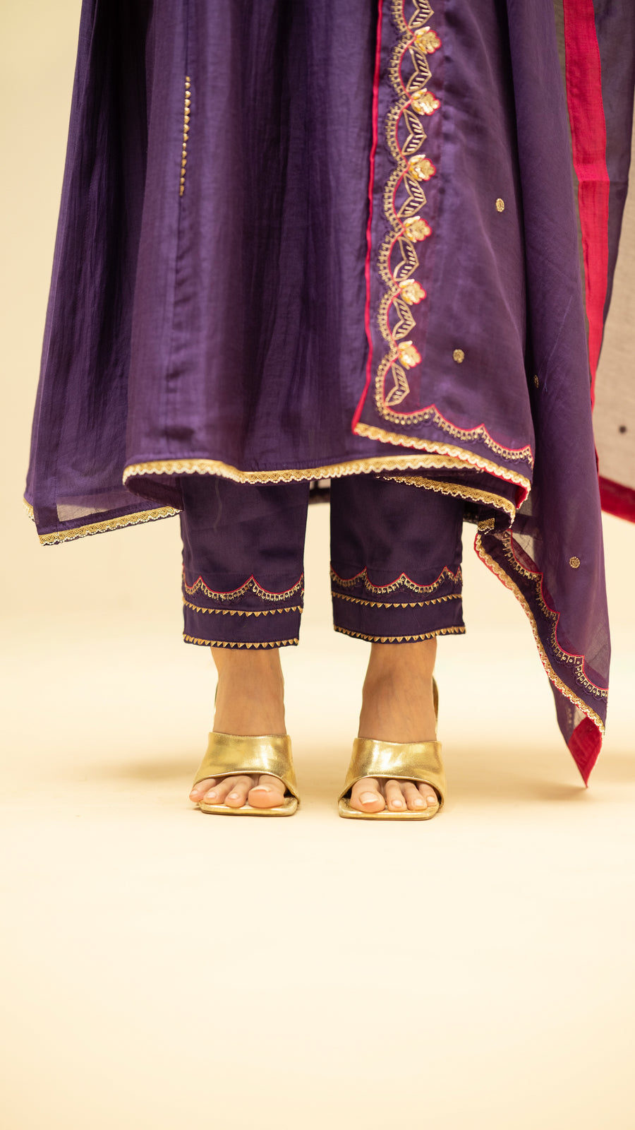 Jhoomar Mul Chanderi Aline Kurta Set in Purple