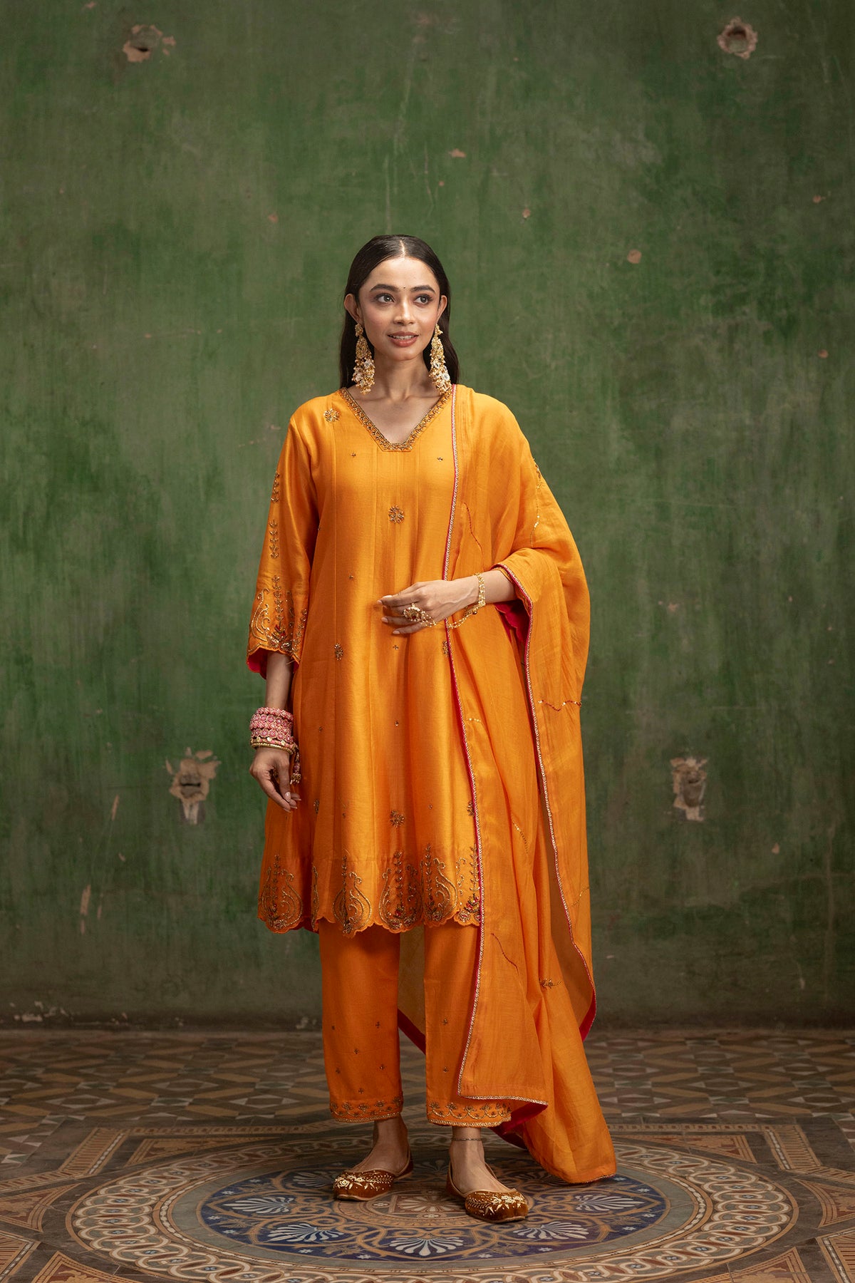 Piroi Mul Chanderi Anarkali Set in Narangi