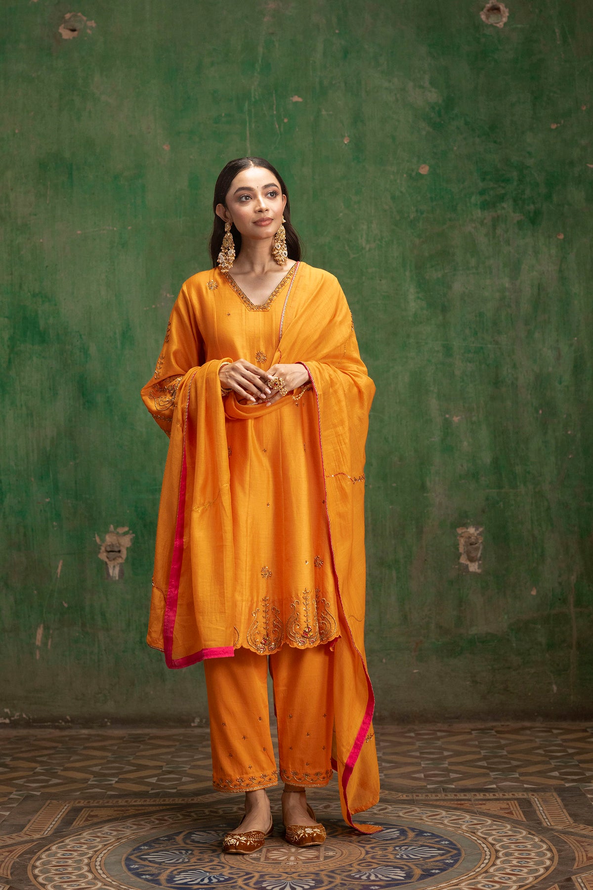 Piroi Mul Chanderi Anarkali Set in Narangi