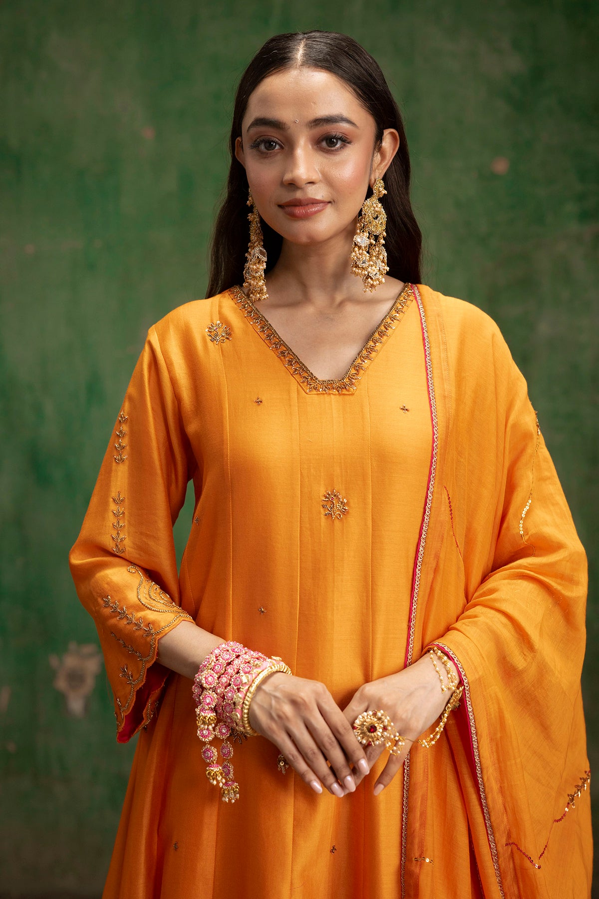 Piroi Mul Chanderi Anarkali Set in Narangi