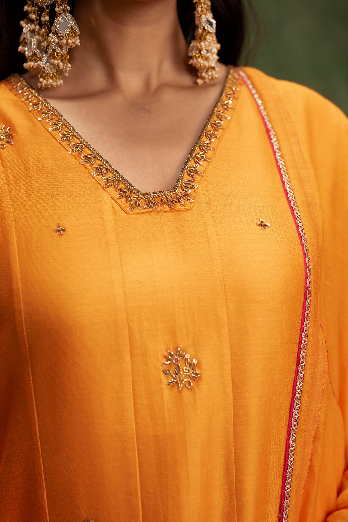 Piroi Mul Chanderi Anarkali Set in Narangi