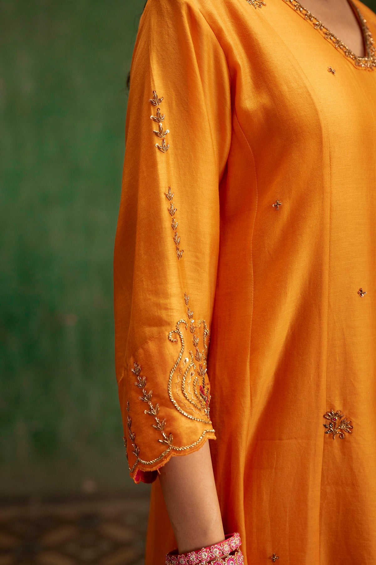 Piroi Mul Chanderi Anarkali Set in Narangi