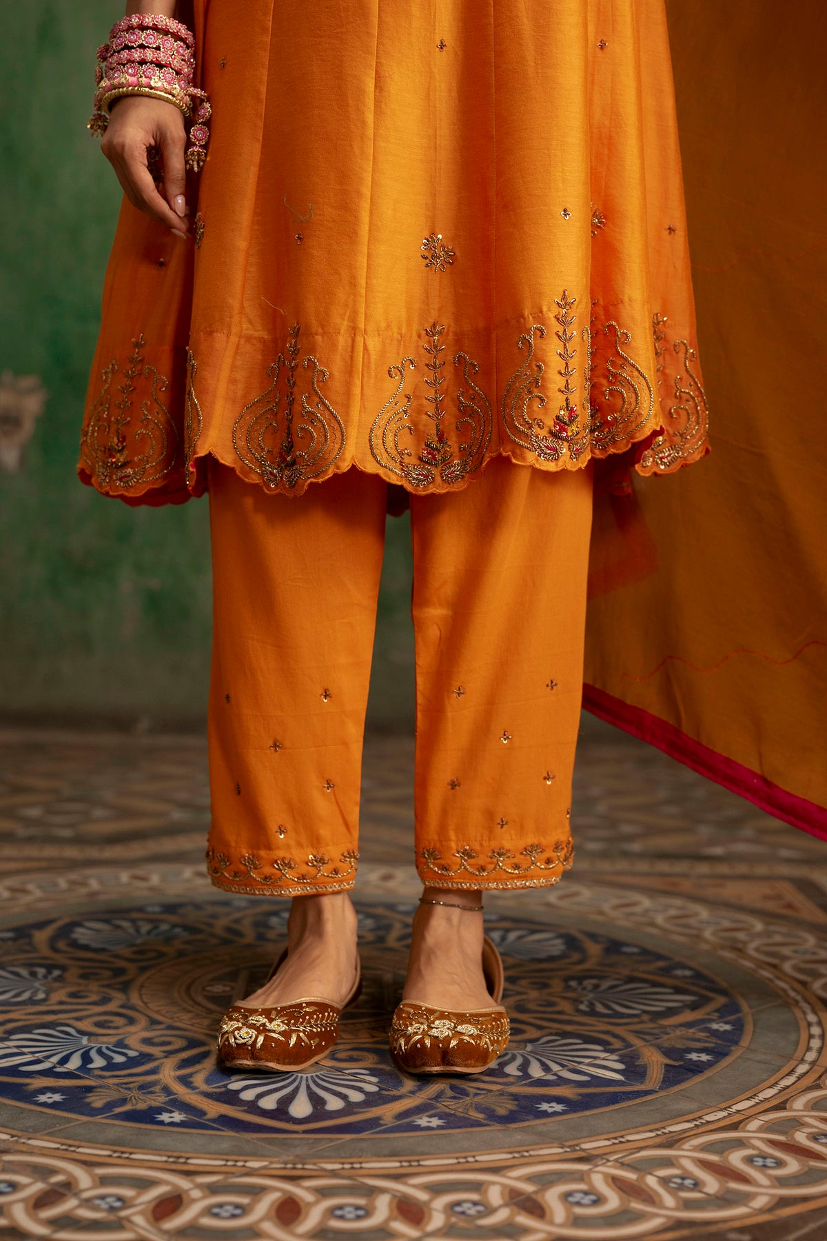 Piroi Mul Chanderi Anarkali Set in Narangi