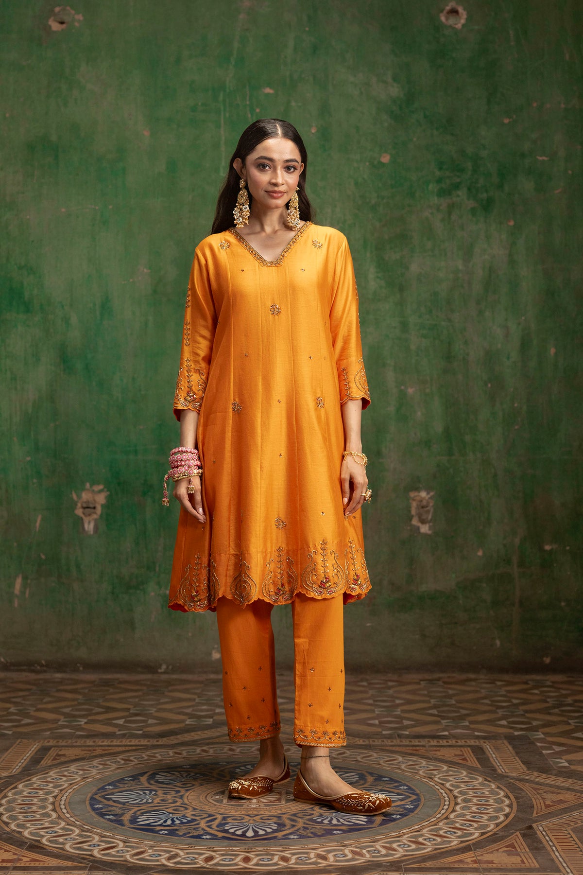 Piroi Mul Chanderi Anarkali Set in Narangi