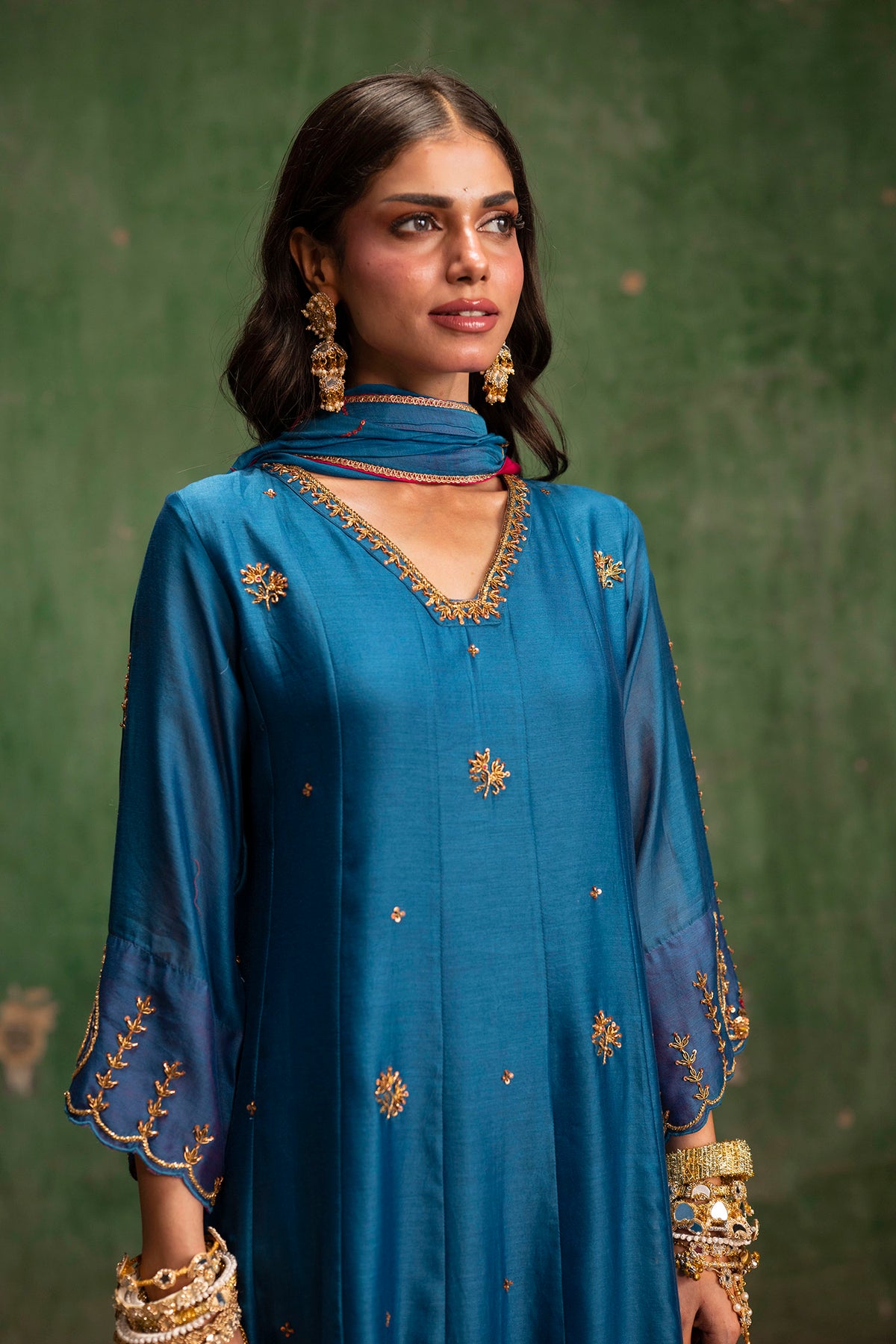 Piroi Mul Chanderi Anarkali Set in Neela