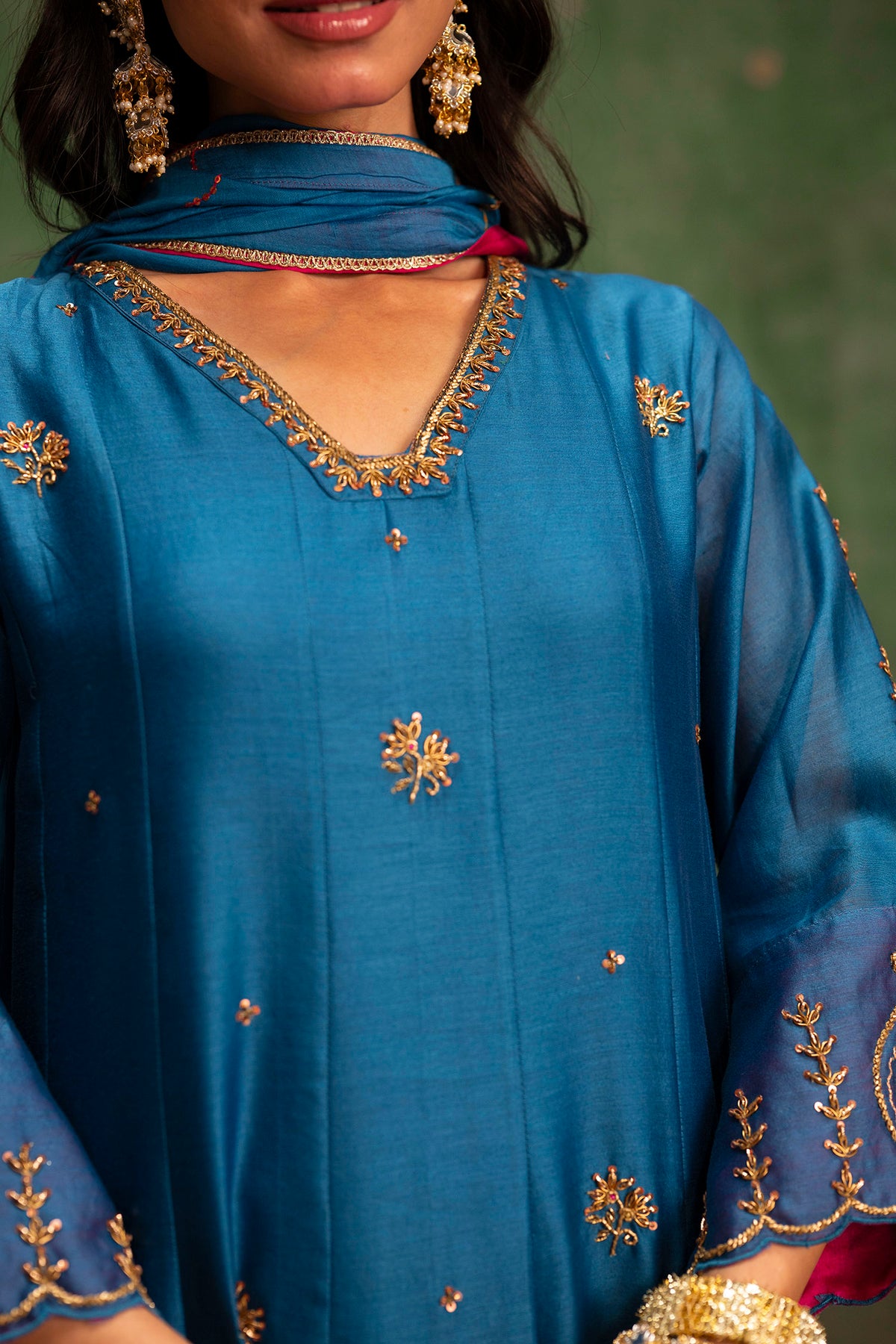 Piroi Mul Chanderi Anarkali Set in Neela