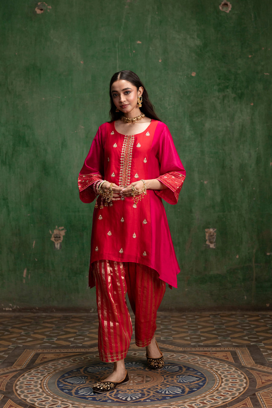 Guldaasta Silk Chanderi Co-ord Set in Red