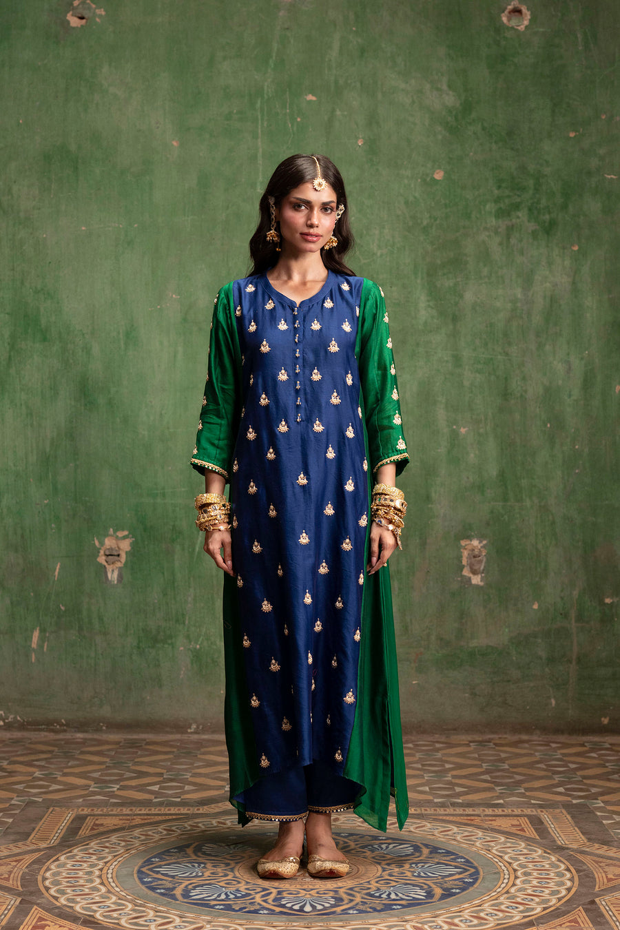 Guldaasta Mul Chanderi Aline Kurta Set in Morpankhi