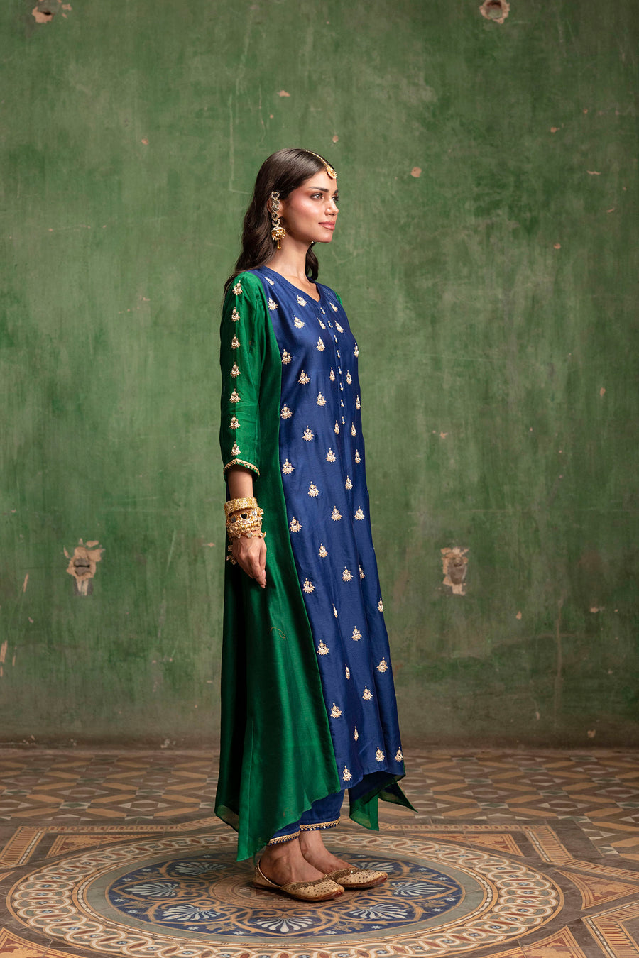 Guldaasta Mul Chanderi Aline Kurta Set in Morpankhi