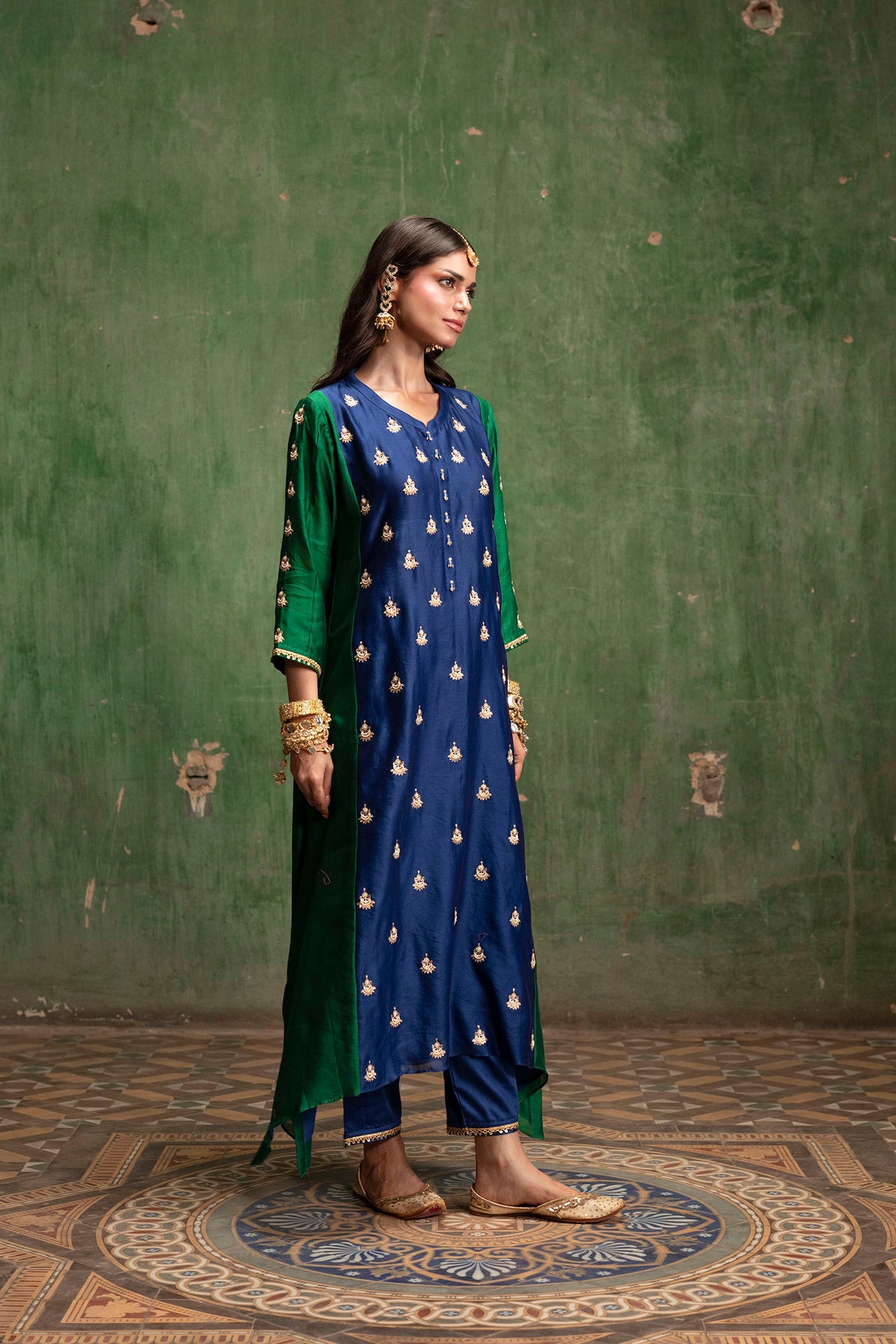 Guldaasta Mul Chanderi Aline Kurta Set in Morpankhi