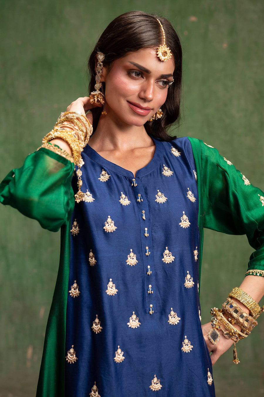 Guldaasta Mul Chanderi Aline Kurta Set in Morpankhi