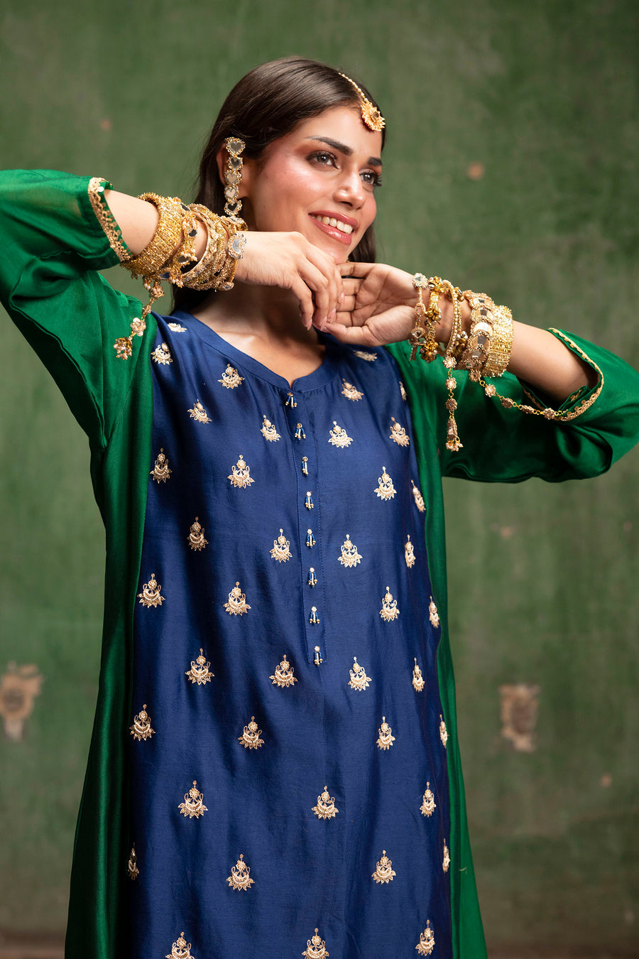Guldaasta Mul Chanderi Aline Kurta Set in Morpankhi