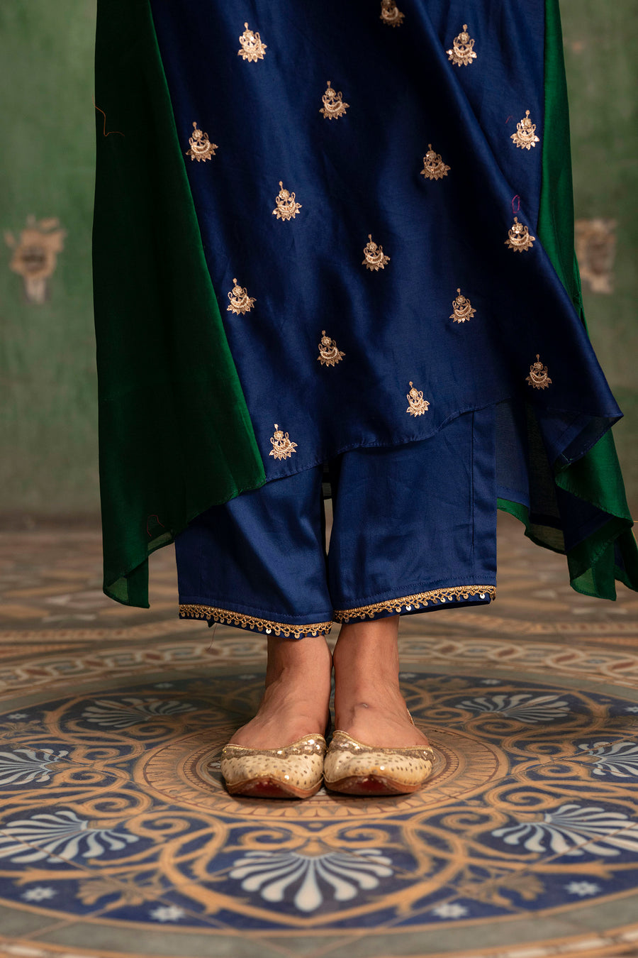 Guldaasta Mul Chanderi Aline Kurta Set in Morpankhi