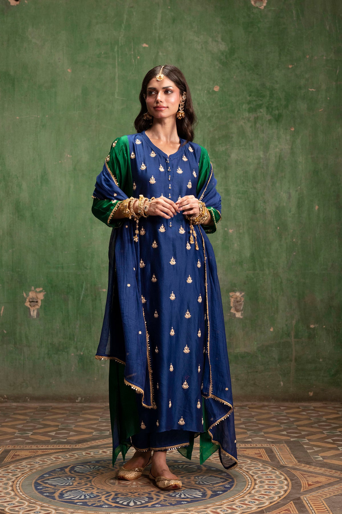 Guldaasta Mul Chanderi Aline Kurta Set in Morpankhi