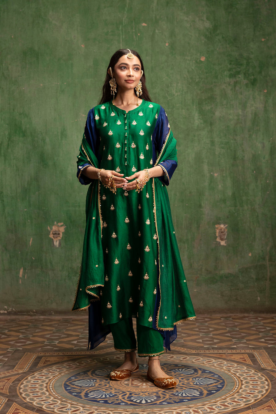 Guldaasta Mul Chanderi Aline Kurta Set in Panna