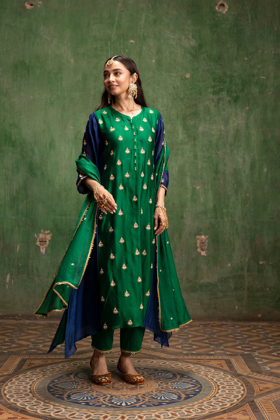 Guldaasta Mul Chanderi Aline Kurta Set in Panna