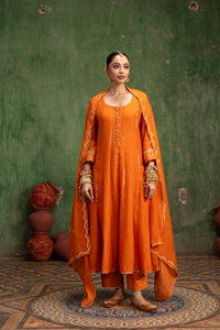 Itraati Mul Chanderi Anarkali Set in Narangi