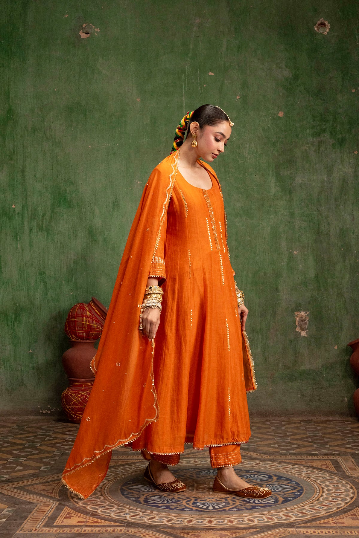 Itraati Mul Chanderi Anarkali Set in Narangi
