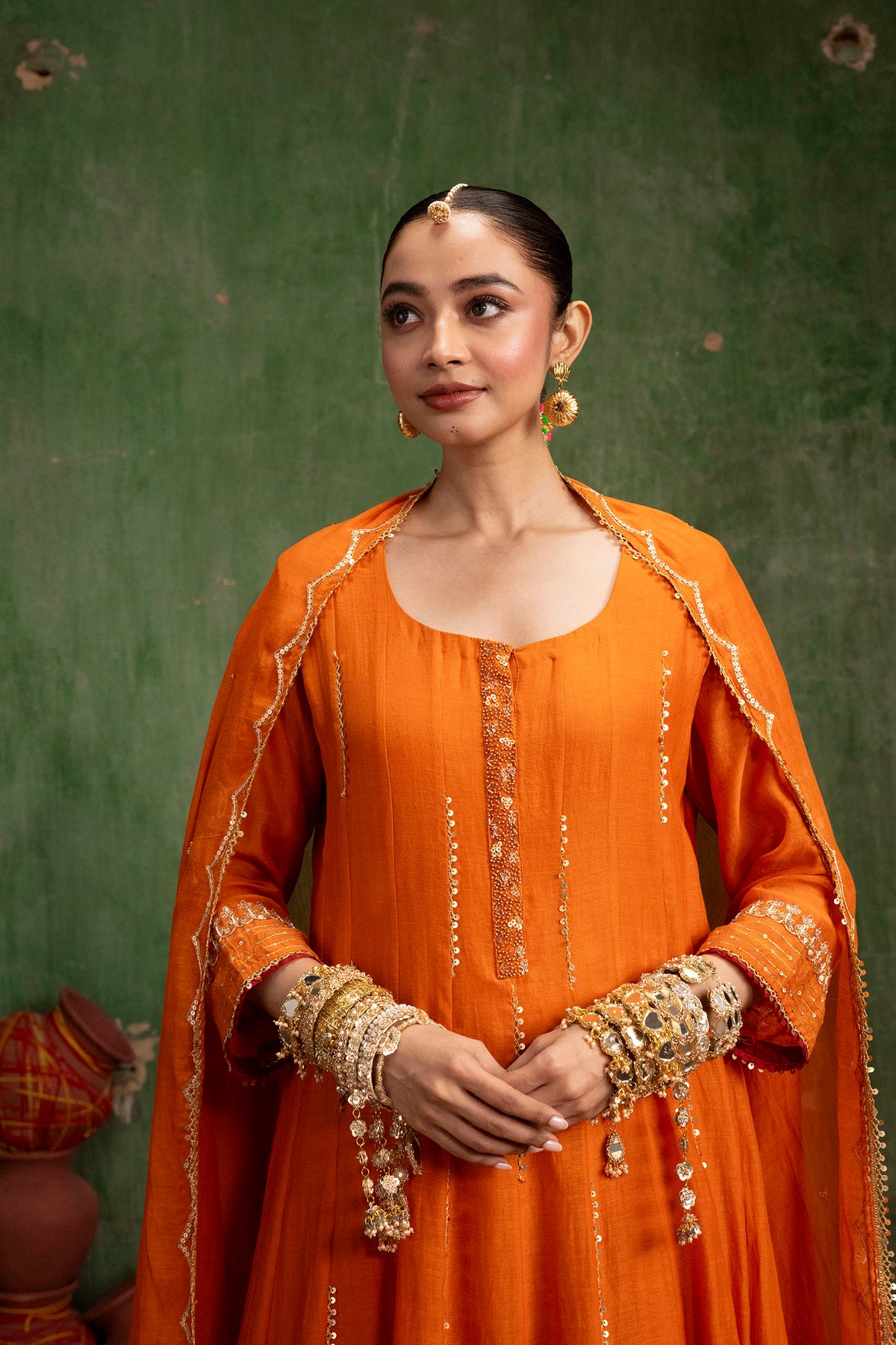 Itraati Mul Chanderi Anarkali Set in Narangi