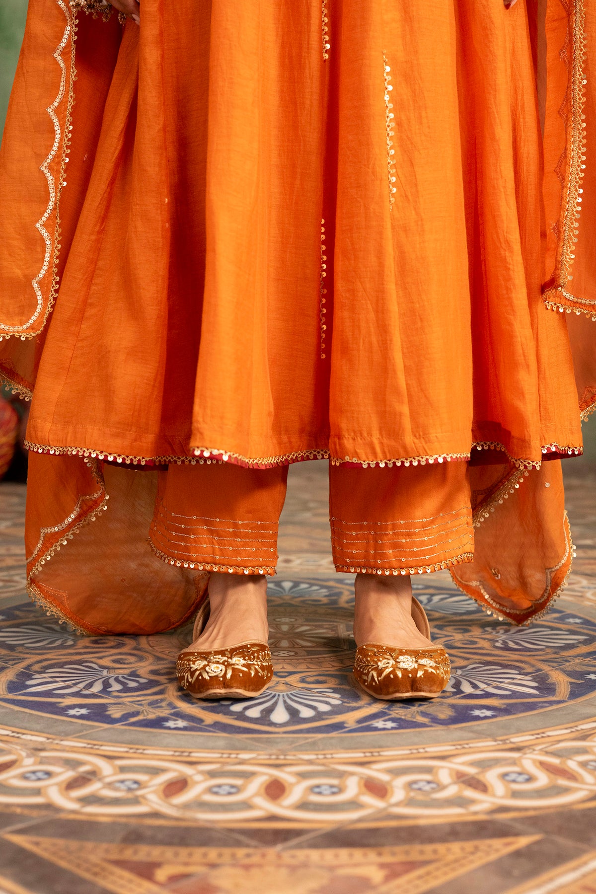 Itraati Mul Chanderi Anarkali Set in Narangi