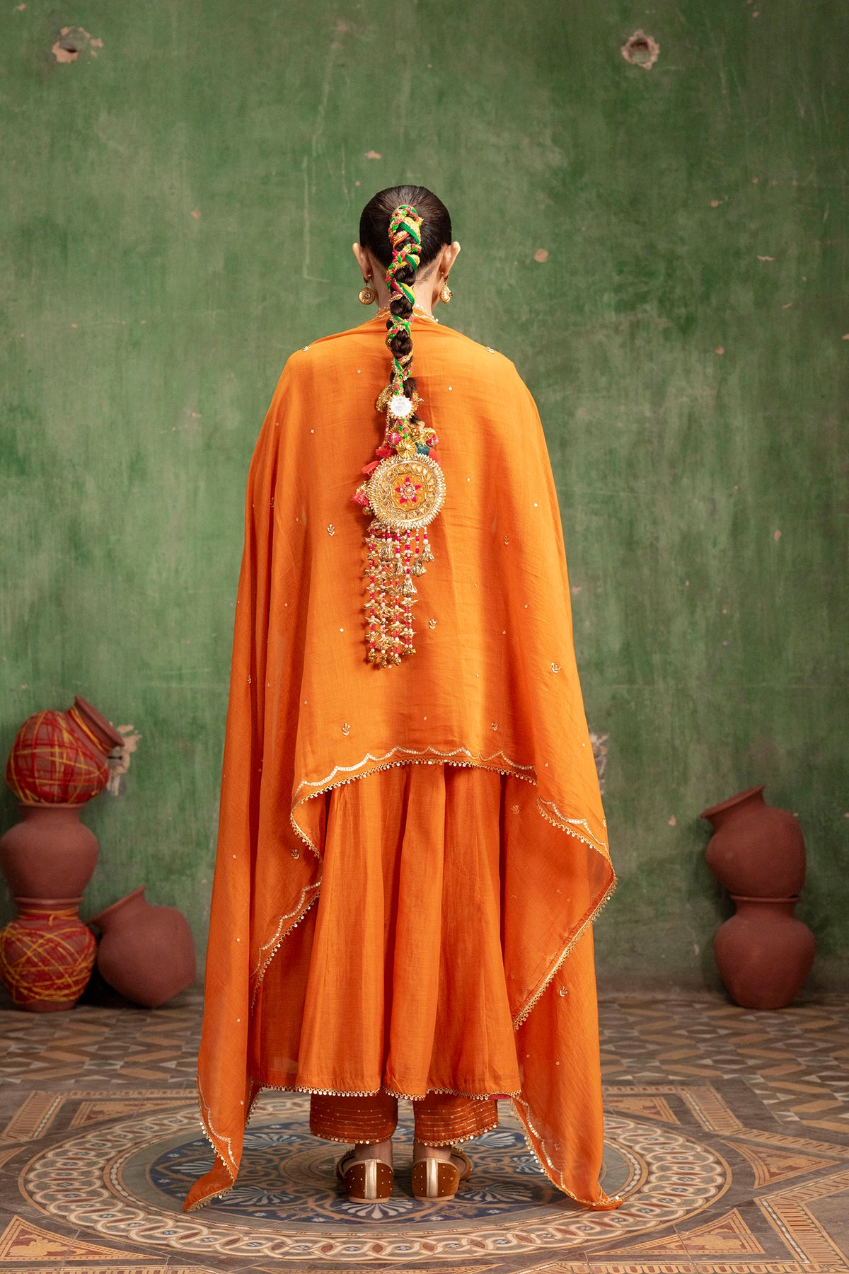 Itraati Mul Chanderi Anarkali Set in Narangi
