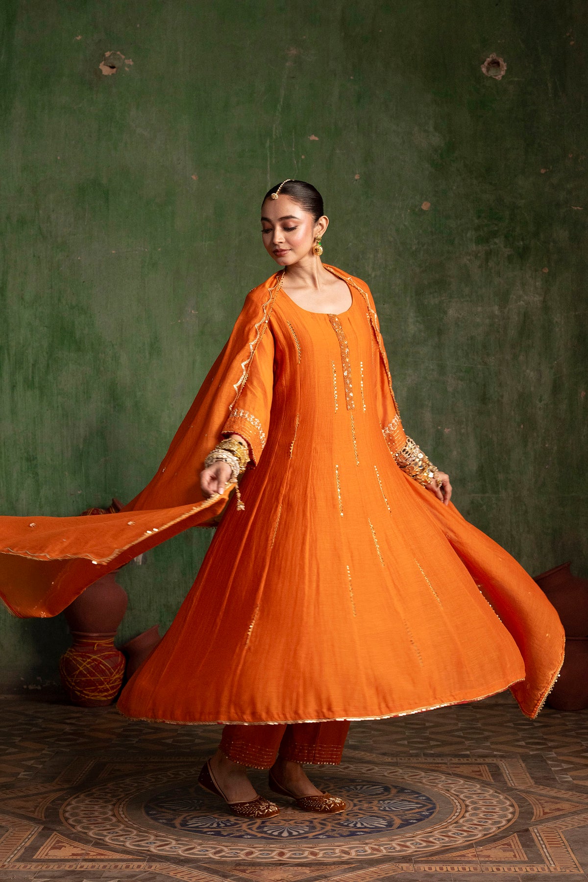 Itraati Mul Chanderi Anarkali Set in Narangi