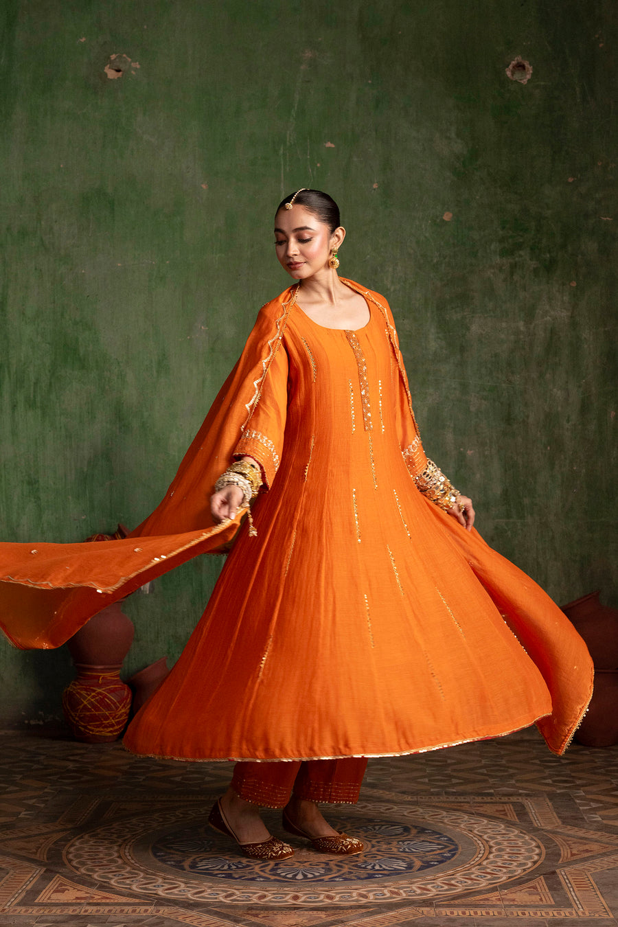 Itraati Mul Chanderi Anarkali Set in Narangi