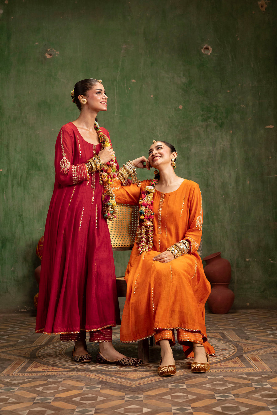 Itraati Mul Chanderi Anarkali Set in Narangi